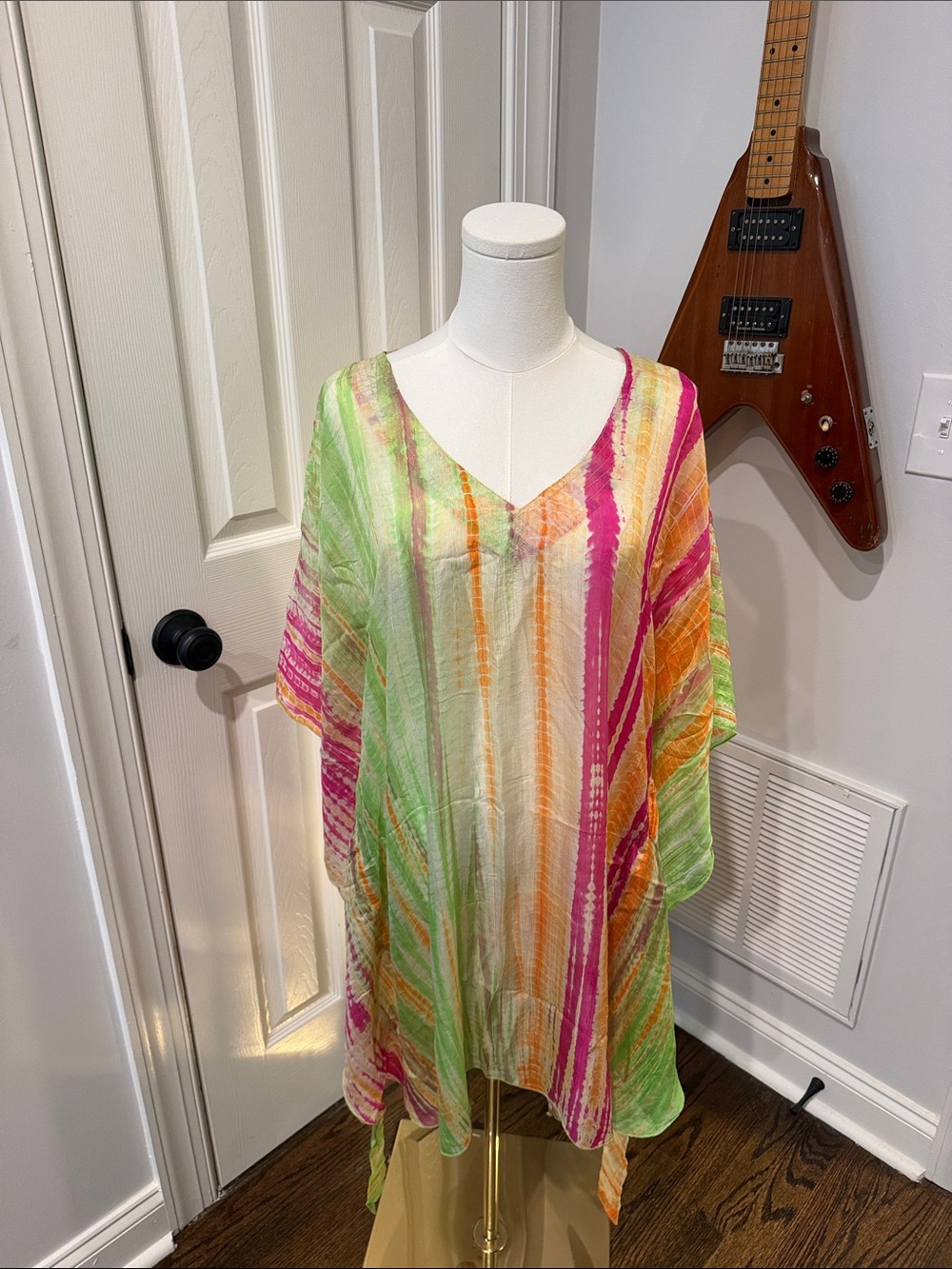 Lightweight Multicolor Tie-Dye V-Neck Swim Coverup - Green, Pink & Orange